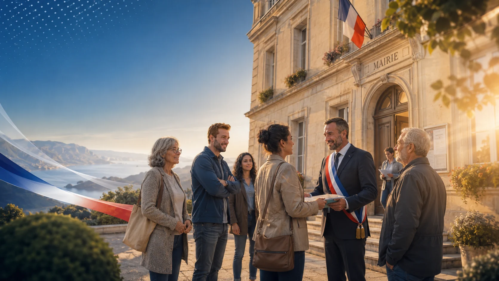 Citoyens échangeant devant une mairie